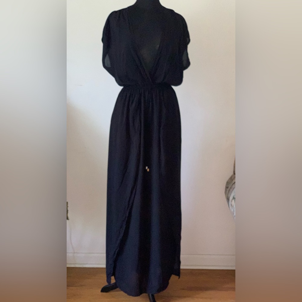 Elan Swim Cover Up Black Pool Beach Lightweight Cinched Waist Long Dress Size L